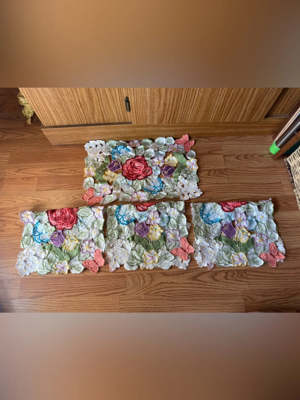 Vintage Set of Four multicolor embroidered floral & butterfly cutout placemats